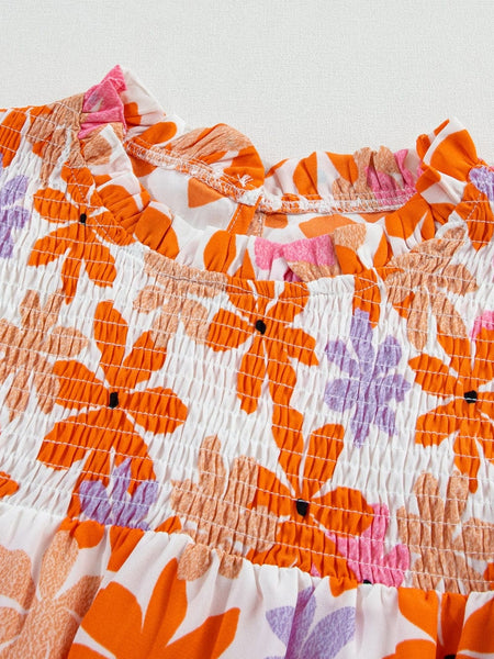 Orange Floral Notched V Neck Ruffled Sleeve Blouse - Women's Flowy Summer Top