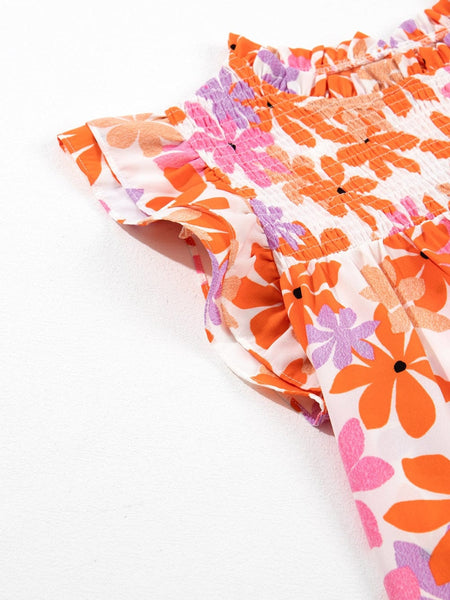 Orange Floral Notched V Neck Ruffled Sleeve Blouse - Women's Flowy Summer Top