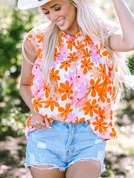 Orange Floral Notched V Neck Ruffled Sleeve Blouse - Women's Flowy Summer Top