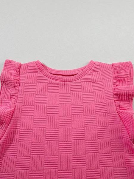 Sweet Pink Textured Two-Piece Ruffle Sleeve Tee and Drawstring Shorts Ensemble