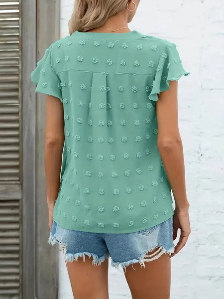 Swiss Dot V Neck Blouse with Ruffled Sleeves for Women's Spring & Summer Fashion