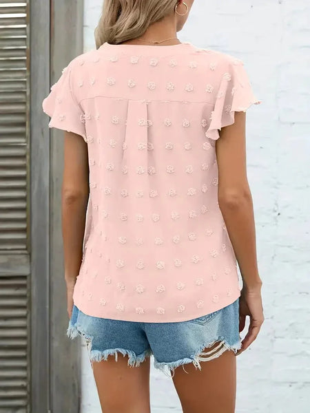 Swiss Dot V Neck Blouse with Ruffled Sleeves for Women's Spring & Summer Fashion