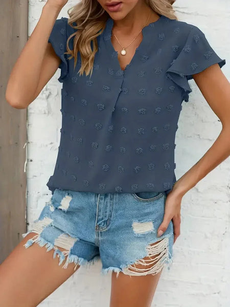 Swiss Dot V Neck Blouse with Ruffled Sleeves for Women's Spring & Summer Fashion
