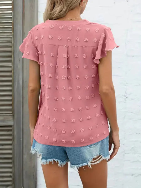 Swiss Dot V Neck Blouse with Ruffled Sleeves for Women's Spring & Summer Fashion