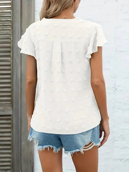 Swiss Dot V Neck Blouse with Ruffled Sleeves for Women's Spring & Summer Fashion