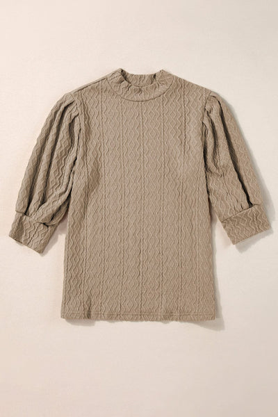 Taupe Vintage Textured Puff Sleeve Mock Neck Blouse