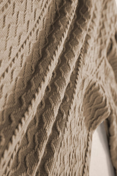Taupe Vintage Textured Puff Sleeve Mock Neck Blouse