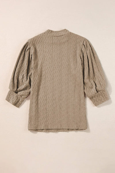 Taupe Vintage Textured Puff Sleeve Mock Neck Blouse