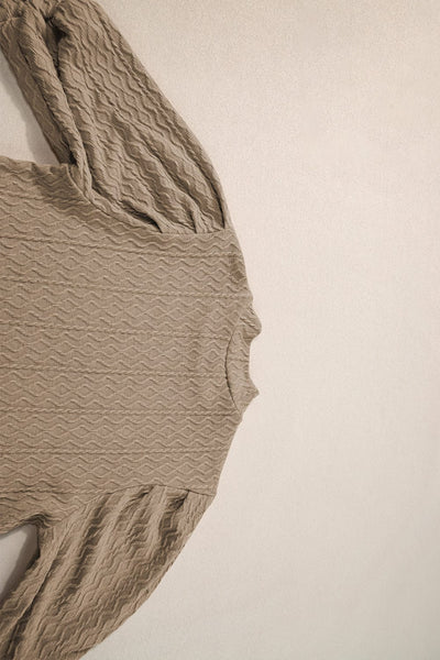 Taupe Vintage Textured Puff Sleeve Mock Neck Blouse