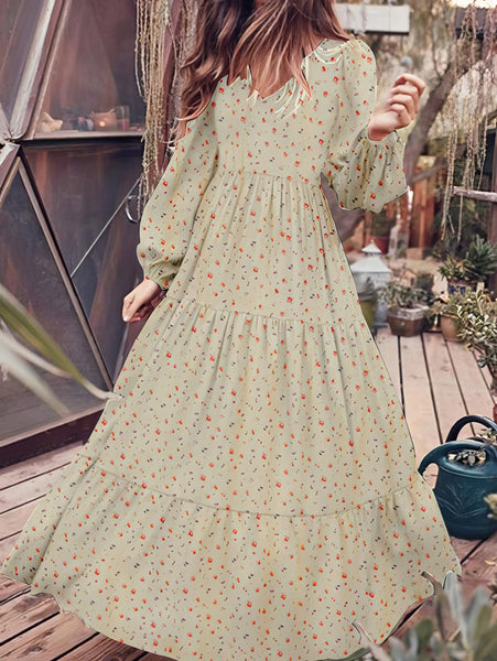 Women's Rustic Floral Tiered Maxi Dress with Bishop Sleeves