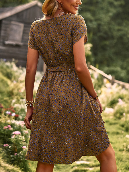 Temperament Floral Casual Strap Waist Round Neck Mini Dress
