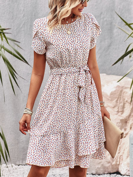 Temperament Floral Casual Strap Waist Round Neck Mini Dress