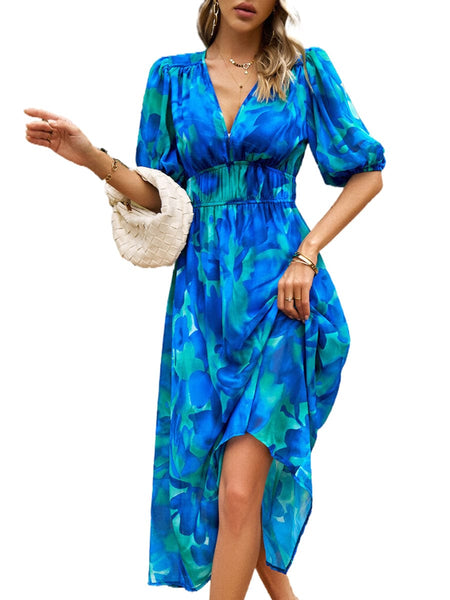 Temperament Print Waist V Neck Midi Dress