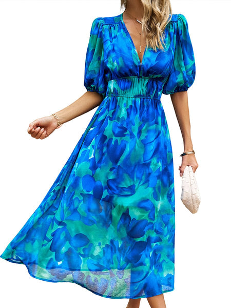 Temperament Print Waist V Neck Midi Dress