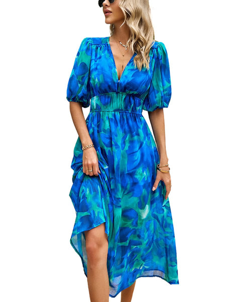 Temperament Print Waist V Neck Midi Dress
