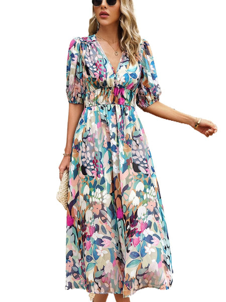 Temperament Print Waist V Neck Midi Dress