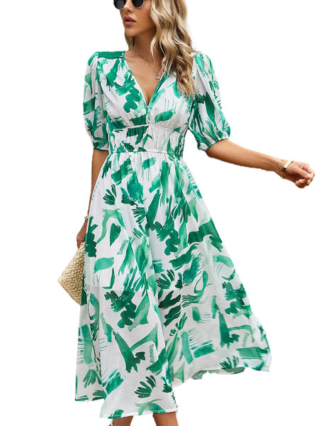 Temperament Print Waist V Neck Midi Dress