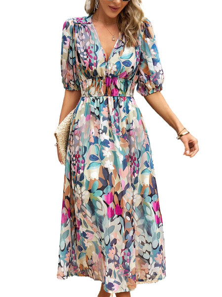 Temperament Print Waist V Neck Midi Dress