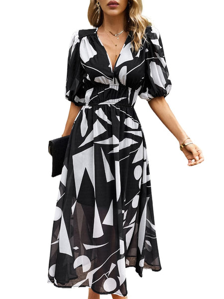 Temperament Print Waist V Neck Midi Dress