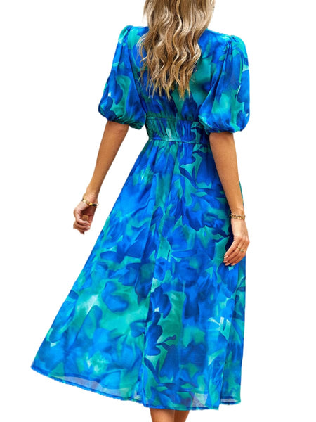 Temperament Print Waist V Neck Midi Dress