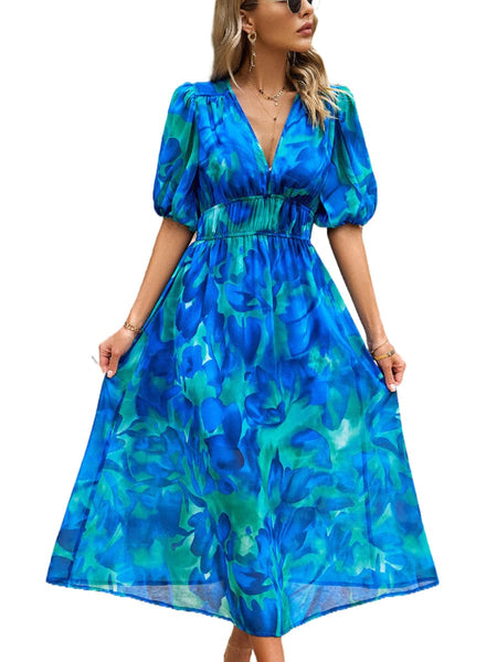 Temperament Print Waist V Neck Midi Dress