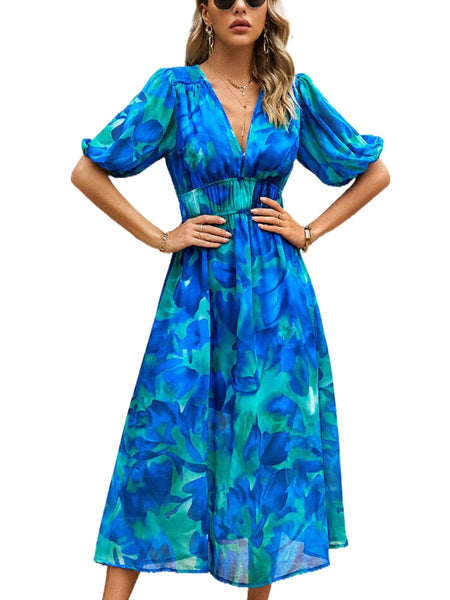 Temperament Print Waist V Neck Midi Dress
