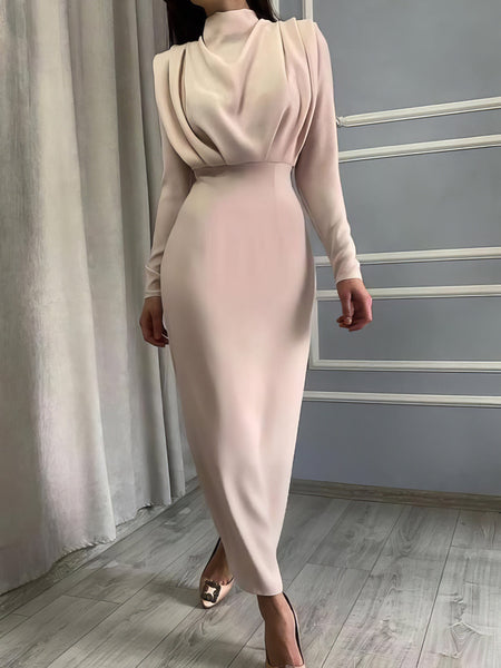 Women's High-Collar Pleated Midi Dress with Sculpted Waist