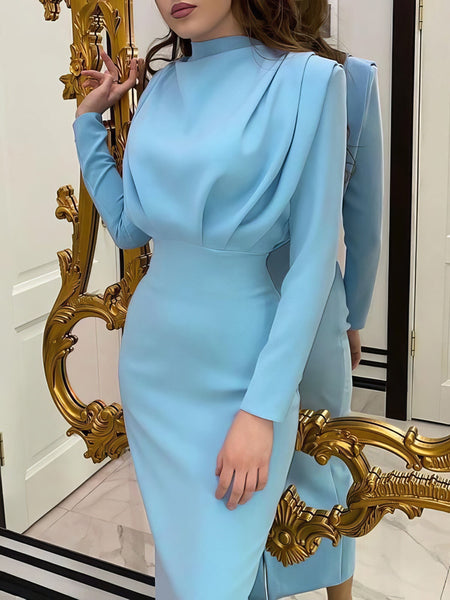 Women's High-Collar Pleated Midi Dress with Sculpted Waist
