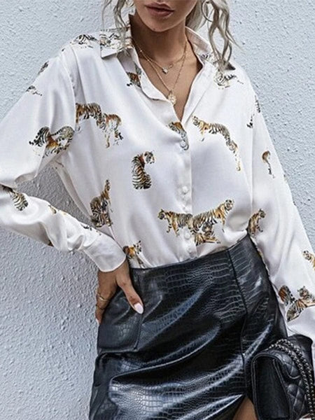 Women's Tempting Printed Lapel Single-Breasted Long-Sleeved Blouse