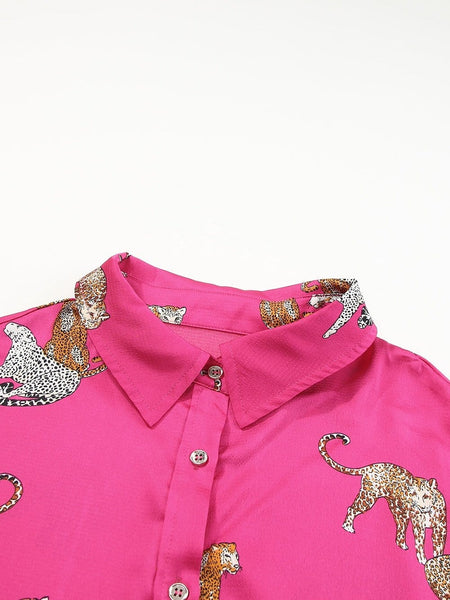 Women's Leopard Print Silk-Blend Button-Down Shirt in Jet Black