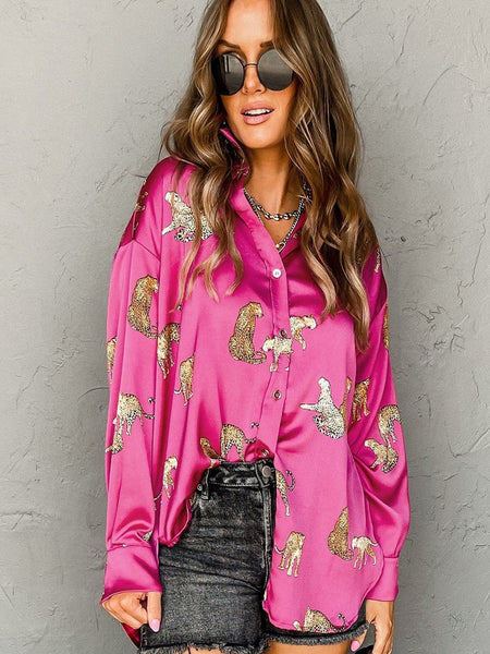 Women's Leopard Print Silk-Blend Button-Down Shirt in Jet Black