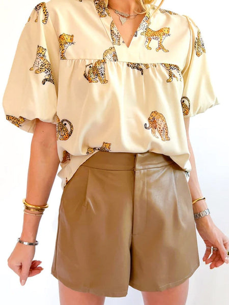 Women's Leopard Print Silk-Blend Button-Down Shirt in Jet Black