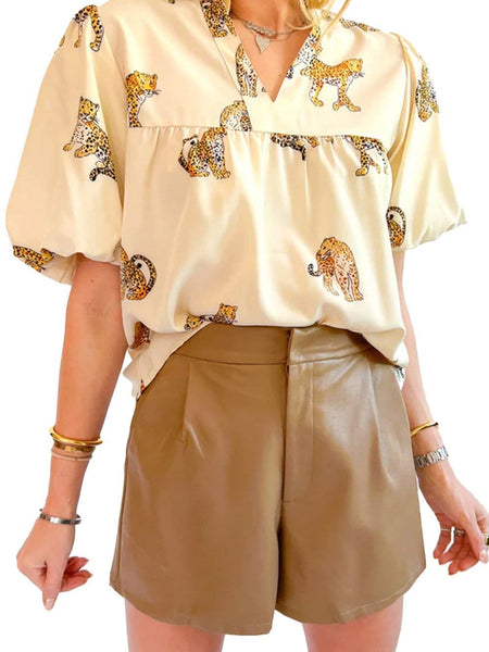 Women's Leopard Print Silk-Blend Button-Down Shirt in Jet Black