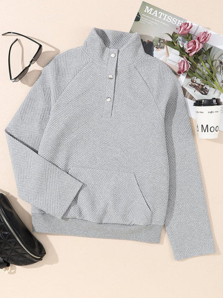 Textured Grey Knit Pullover with Buttoned Kangaroo Pocket