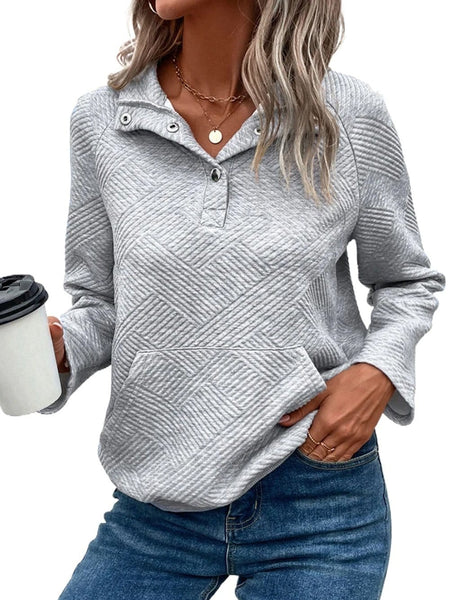 Textured Grey Knit Pullover with Buttoned Kangaroo Pocket