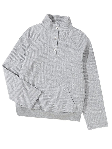 Textured Grey Knit Pullover with Buttoned Kangaroo Pocket