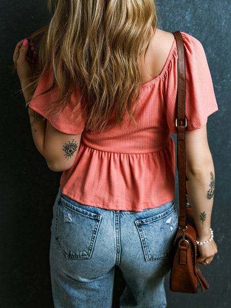 Textured Tomato Red V Neck Flutter Sleeve Peplum Blouse