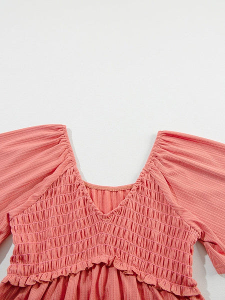 Textured Tomato Red V Neck Flutter Sleeve Peplum Blouse