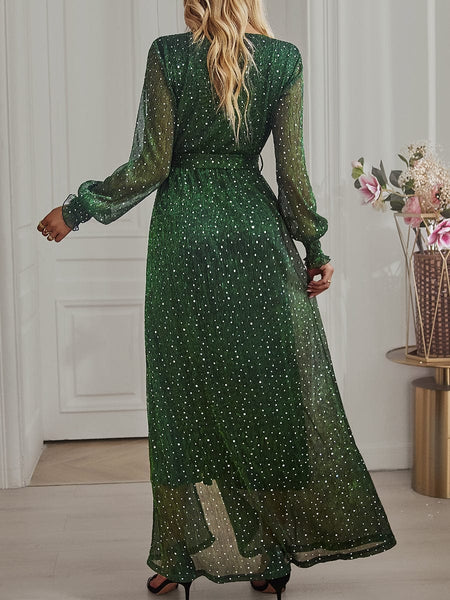 Tie Waist Slit V Neck Long Sleeved Maxi Dress