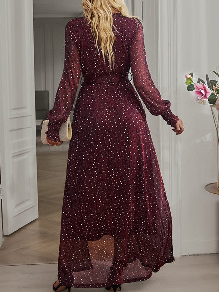 Tie Waist Slit V Neck Long Sleeved Maxi Dress