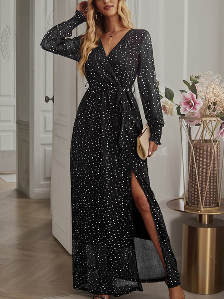 Tie Waist Slit V Neck Long Sleeved Maxi Dress