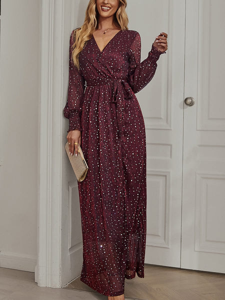Tie Waist Slit V Neck Long Sleeved Maxi Dress