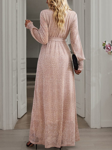Tie Waist Slit V Neck Long Sleeved Maxi Dress