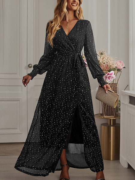 Tie Waist Slit V Neck Long Sleeved Maxi Dress