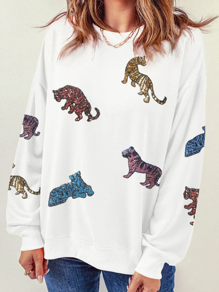 Tiger Lover's Beige Sequin Embellished Round Neck Casual Sweatshirt