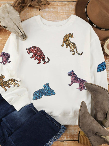 Tiger Lover's Beige Sequin Embellished Round Neck Casual Sweatshirt