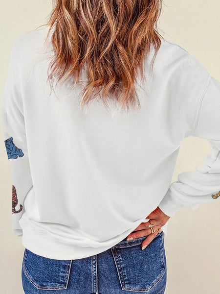 Tiger Lover's Beige Sequin Embellished Round Neck Casual Sweatshirt