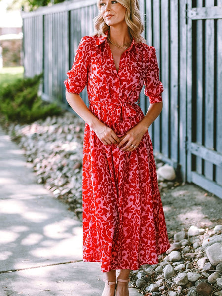 Tomato Red Floral Print Maxi Dress with V Neck and Belt