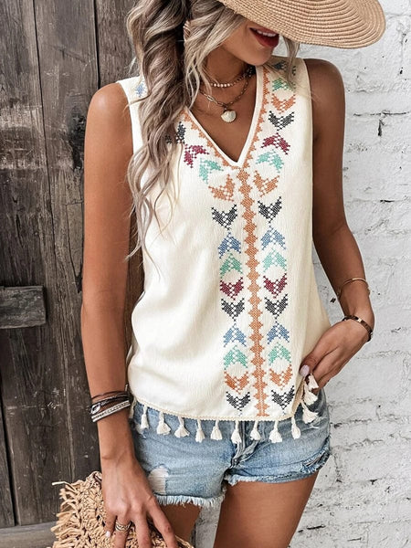 Tops Ethnic Style V Neck Embroidery Stitching Hem Tank Top