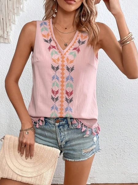 Tops Ethnic Style V Neck Embroidery Stitching Hem Tank Top